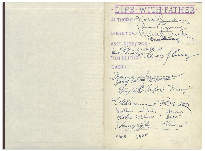 Elizabeth Taylor and Cast-Signed Book ''Life With Father'' -- Additionally Signed by Irene Dunne, William Powell, Director Michael Curtiz & More